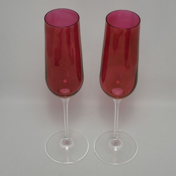 Ruby Red Luster Crystal Champagne Toasting Flutes 9 1/2 Inches - Picture 6 of 8